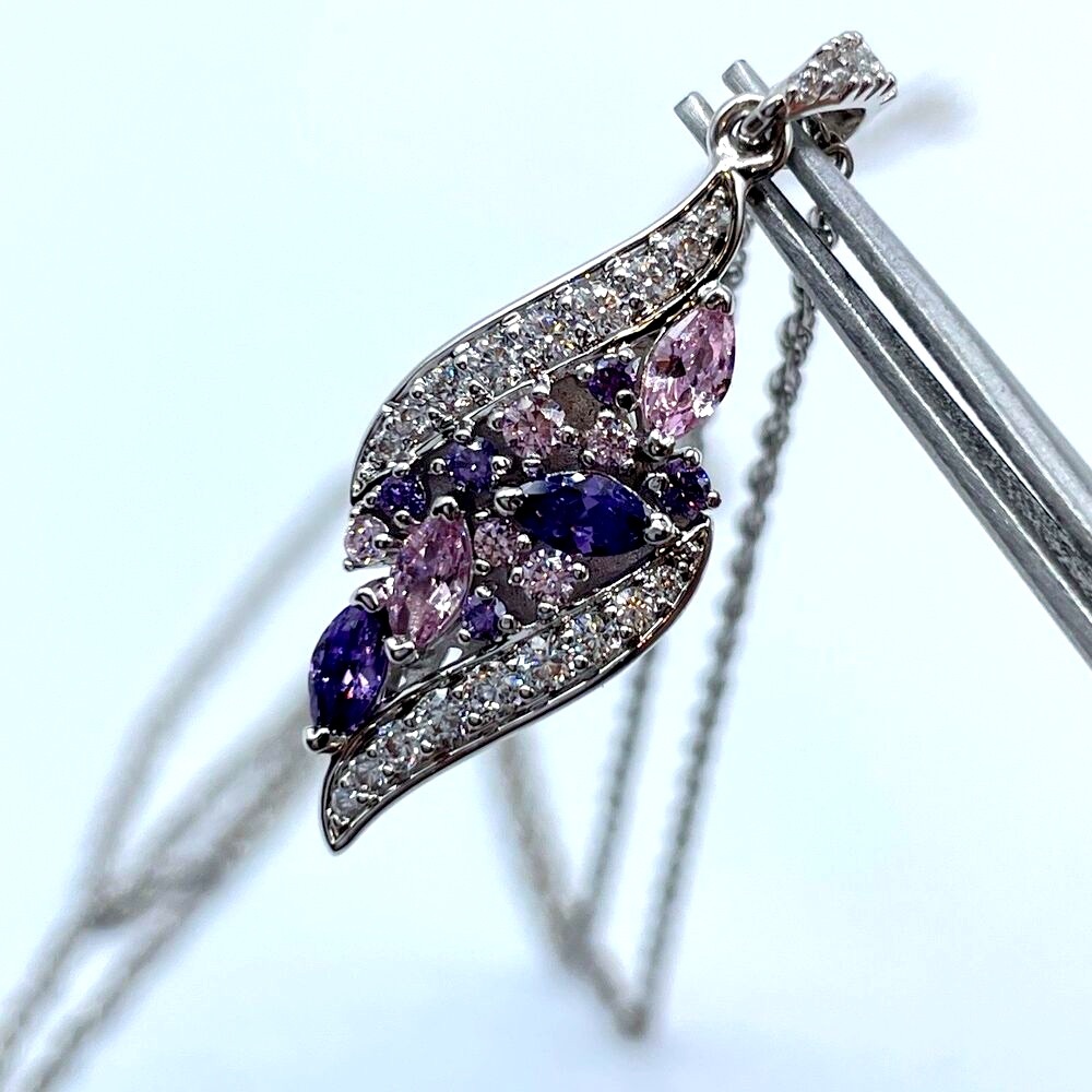925 Italy Sterling Silver Pink Purple Cubic Zirconia Pendant Chain Necklace